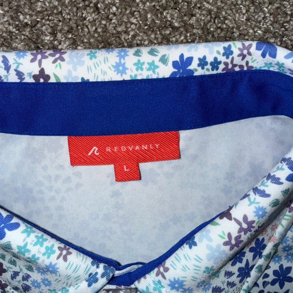 REDVANLY Polo Shirt Mens Lrg Blue Floral Performance Golf Short Sleeve Excellent - Picture 2 of 5